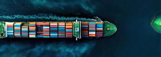 Aerial View of Cargo Ship With Containers Moving Through Dark Blue Sea Water photo