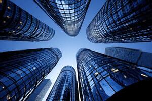 View from Below Tall Modern Office Buildings with Blue Glass Windows Reflecting Sky photo