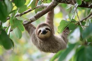 Cute Sloth Hanging From Branch in Jungle Forest Wildlife Photography Picture photo