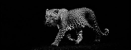 Leopard walking in dark light background showing its pattern on skin photo