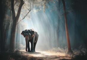 Majestic Elephant Wandering Through A Serene Forest Radiating With Warm Sunlight photo