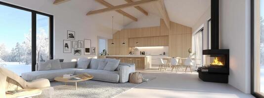 Bright open plan interior in winter style with a wooden kitchen photo