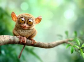 Cute Tarsier On A Branch With Large Eyes In Lush Forest photo