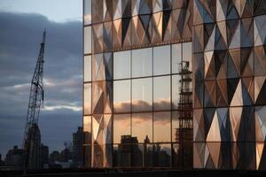 Urban Scenery Construction Site Tower Crane Reflected In Glass Facade Landscape Architecture photo