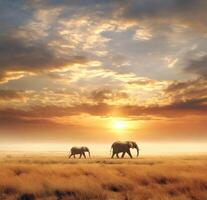 Majestic African Elephants Roaming the Savannah at Sunset A Breathtaking Scene photo
