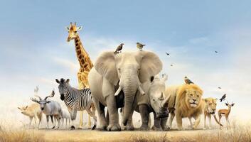 A Group of Diverse Wildlife Animals Standing Together in the African Plains Habitat photo