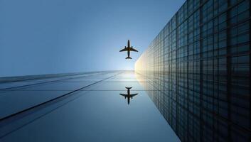 Airplane Reflection Between Building and Sky Great View Best Airplane Photo Shot