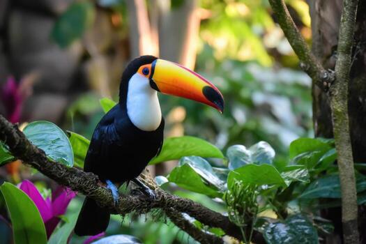 Exploring the Vibrant Rainforest with a Colorful Toucan Perched on a Branch photo