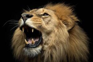 Majestic Lion Roaring Portrait Revealing Teeth and Power of The Predator photo