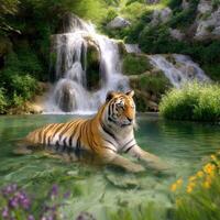 The Majesty of Nature A Tiger Ponders Life in a Lush Waterfall Setting photo