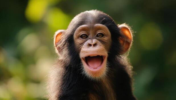 A chimpanzee is smiling and yawning photo