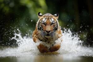 A Striking Tiger Leaping Through Water Displaying Power and Graceful Movement in Nature photo