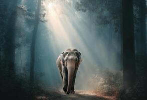 An Elephant Walks Through a Forest With Sunlight Shining From Above photo