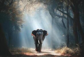 Majestic Elephant Journey Through The Tranquil Forest Under Beautiful Sun Rays photo