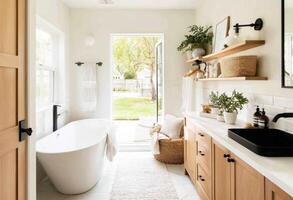Bright and Airy Bathroom Design with Freestanding Tub and Natural Elements photo