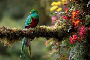 Quetzal Bird Perched Beautifully On Branch Surrounded by Nature and Colorful Flowers photo