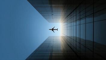 Looking Up at Airplane Flying Over Skyscrapers Reaching Towards the Sky photo