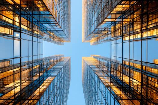 Captivating Vertical Perspective View Of Golden Skyscrapers Touching The Blue Sky Above photo