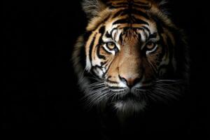A tiger is shown in the dark photo