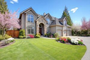 Beautiful Home with Manicured Lawn a Perfect Blend of Nature and Architecture photo