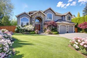 A beautiful home with a large driveway and flowers photo