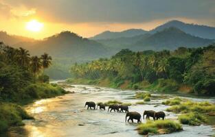 Elephants crossing a river at sunset photo