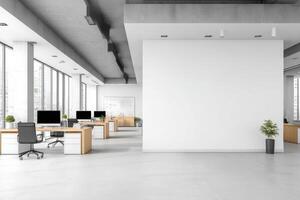 An empty office with white walls and wooden desks photo