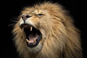 Lion roaring on black background photo