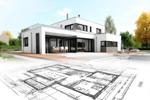 Architectural drawing of a modern house with a view of the garden photo