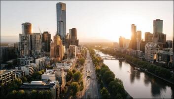 A Cityscape View Over The River With Tall Buildings photo