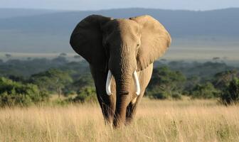Majestic Elephant Walking Through The Grassland in the Morning photo