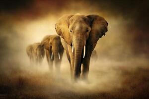Elephants walking on the dusty ground towards the horizon photo