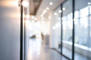 Illuminated Office Hallway with Glass Partitions and Bright Ambience photo