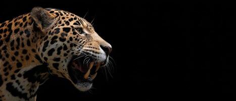 Roaring Jaguar Headshot Against A Plain Black Background photo