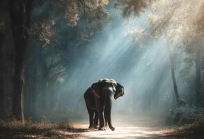 Elephant Walking in Forest Illuminated by Sun Rays photo