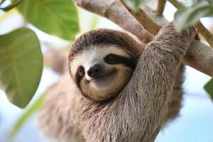 A Cute Sloth Hanging from the Tree with Leaves photo