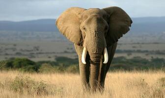 Majestic Elephant Roaming Freely On African Savanna Landscape photo