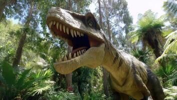 Majestic Dinosaur Roaming Through the Green Lush Jungle Forest photo