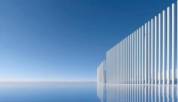 Modern Architecture Reflecting on Still Waters Under a Bright Sky photo