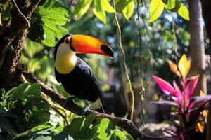 Striking Toucan Bird Perched on a Branch in Lush Environment photo