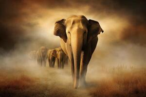 Elephants Walking Through Mysterious Foggy Landscape Beautiful Wildlife Photography photo