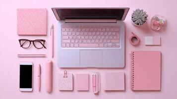 Pink Workstation Minimalist Aesthetic Flat Lay Modern Technology and Organization Items photo