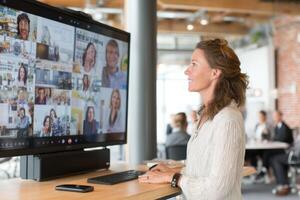 A Woman At Work Doing A Call With Several People photo