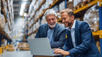Two Warehouse Professionals Collaborating on a Laptop to Optimize Logistics Processes photo