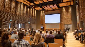 Conference Venue Presentation with Seated Audience and Speaker on Stage Setting photo