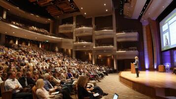 A Large Audience Attends A Lecture Presentation in A Beautiful Modern Auditorium photo
