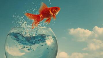 Goldfish Leaping From Bowl To Freedom Into Blue Sky Background Scene photo