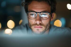 Focused Young Man Wearing Eyeglasses Looking at Computer Screen at Night photo