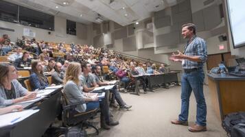 Man Delivering Presentation in an Auditorium Full of Students Taking Notes photo