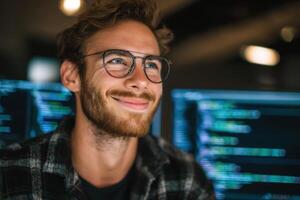 Young Man Working on Computer Code Developing New Software for Future photo